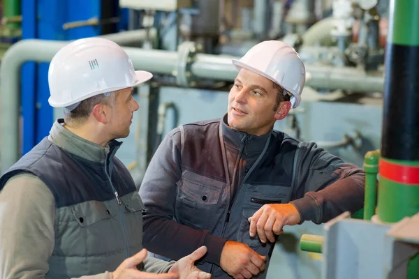 Manlig Handledare Med Arbetare Diskuterar Fabriken — Stockfoto