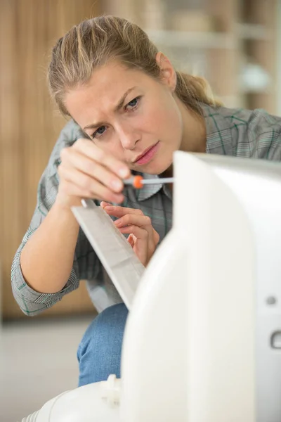 Vrouw Met Metalen Wiel Zwenkwiel Landschap — Stockfoto