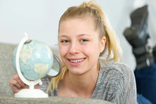 Young Woman Holding World — Stock Photo, Image