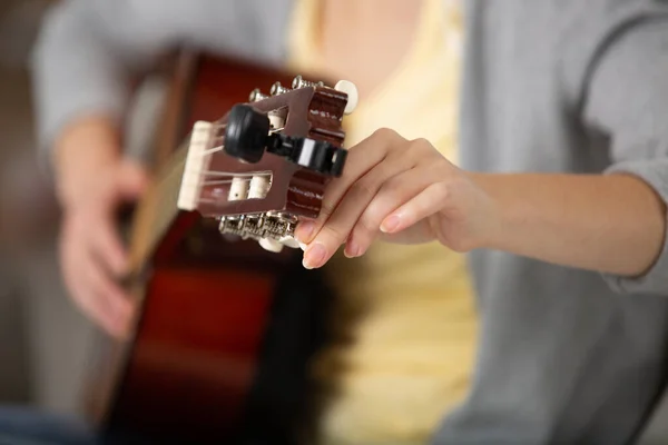 Hands Playing Acoustic Guitar Close — Stock Photo, Image