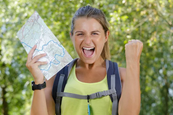 Very Exicted Hiker Woman — Stock Photo, Image