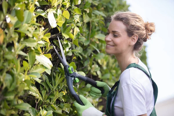 Pretty Female Gardener Cutting Hay — Stock Photo, Image