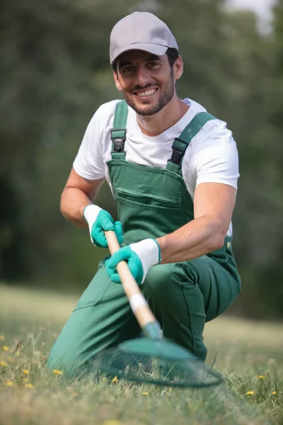 Jardineiro Varrendo Folhas Enquanto Sorrindo — Fotografia de Stock