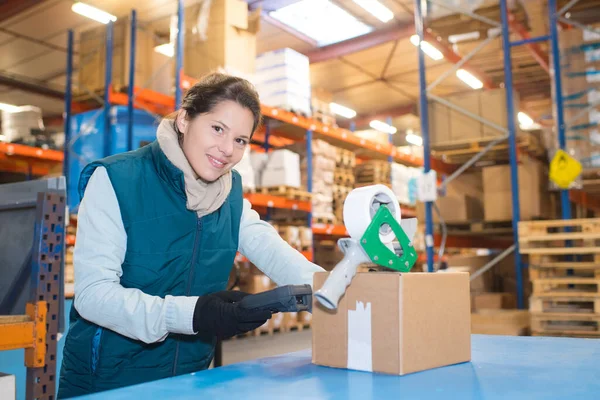 Female Worker Wearing Scanning Documents Warehouse — Photo