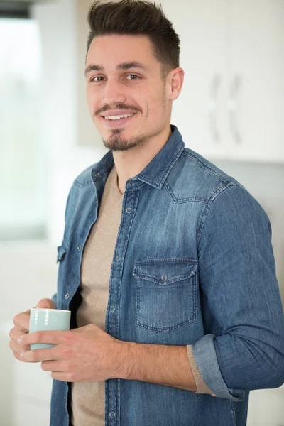 Cheerful Hipster Guy Casual Wear Enjoying Coffee Break — Stock Photo, Image