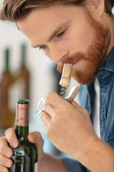 Man Sniffing Cork Bottle Wine — 스톡 사진