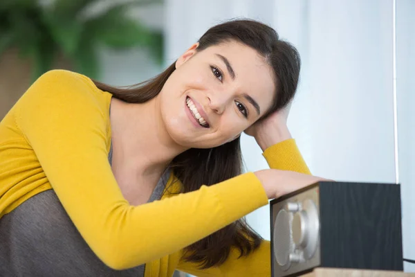Young Cute Woman Holding Next Radio Smiling Confident — Stockfoto