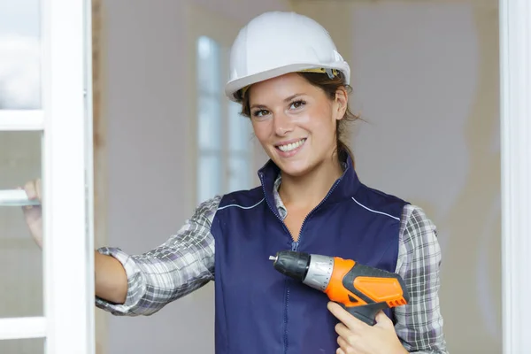 Happy Woman Power Tools Work Home — Stock Fotó