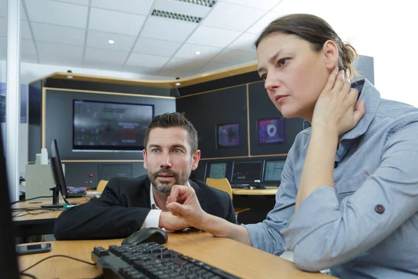 Workers Looking Seriously Monitors Control Center — ストック写真