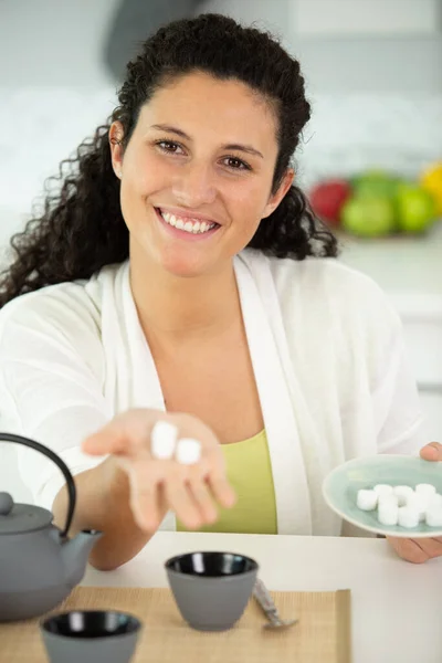 Woman Holds Sugar Cubes Spoon — Foto Stock