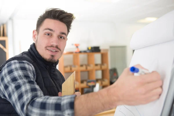 Young Architect Working Drawing Board Thinking — Photo