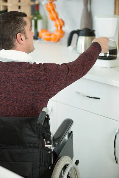 Disabled Man His Kitchen Making Coffee — Photo