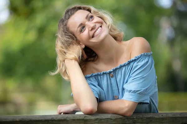 Relaxed Woman Sitting Bench Breathing Fresh Air —  Fotos de Stock