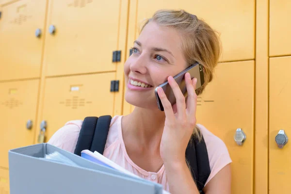 University Female Student Talking Cell Locker Room — Stok fotoğraf