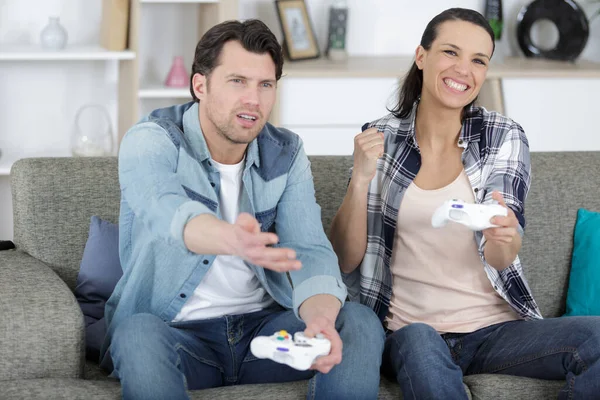Couple Playing Computer Game Wom Has Won — Foto Stock