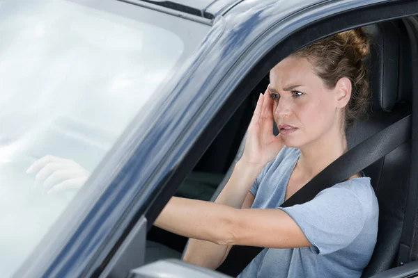 Stressed Female Driver Stuck Traffic Jam — Stockfoto