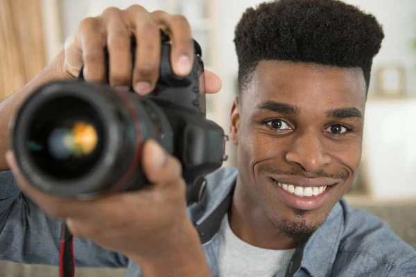 Portrait Male Photographer Holding Digital Camera — Stockfoto