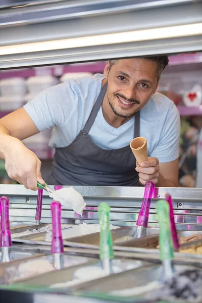 Salesman Taking Icecream Refrigerator Trays Putting Cone — Stock fotografie