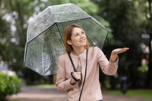 Young Woman Smiling Enjoying Umbrella Rainy Season —  Fotos de Stock
