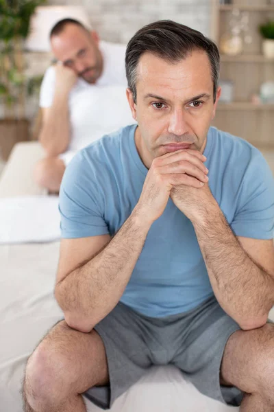 Caucasian Gay Couple Having Argument Each Other Bedroom — Stockfoto