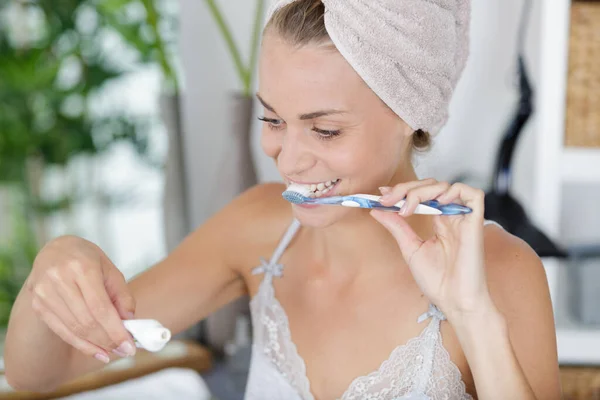 Woman Towel Head Going Brush Teeth — 스톡 사진