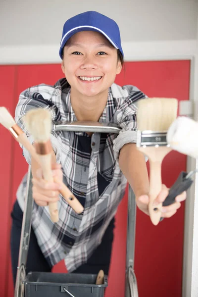 Female Plasterer Painter Portrait Indoor Wall Renovation — Stock Photo, Image