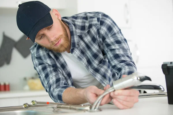 Plumber Installing Sink Siphon Domestic Bathroom — Stock Photo, Image