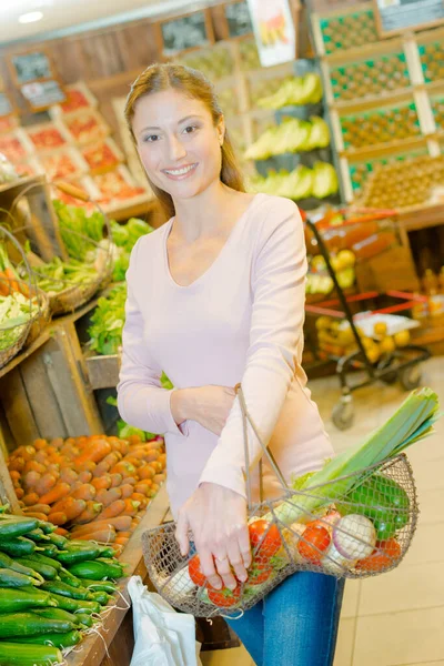 Lady Holding Metal Basket Fruit Veg — Foto Stock