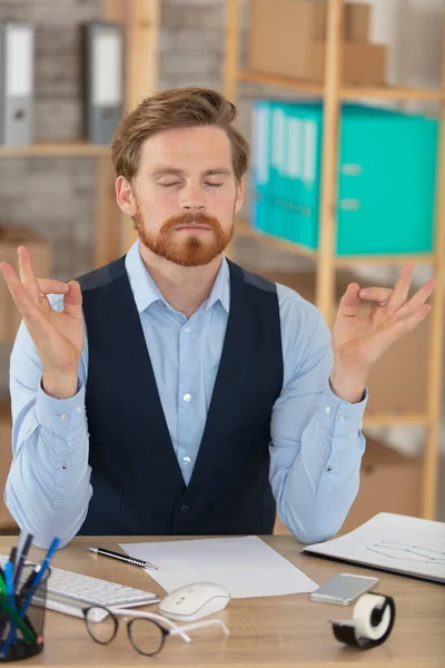 Relaxed Corporate Man Sitting Closed Eyes Contemplating Work — Foto Stock