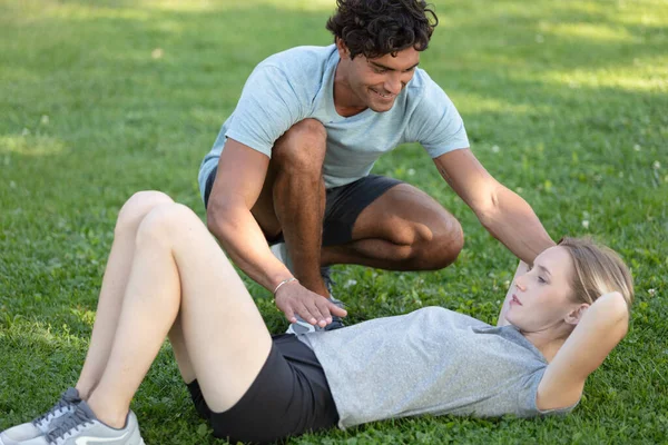 Woman Doing Sport Exercises Coach Outdoors — Stock Photo, Image