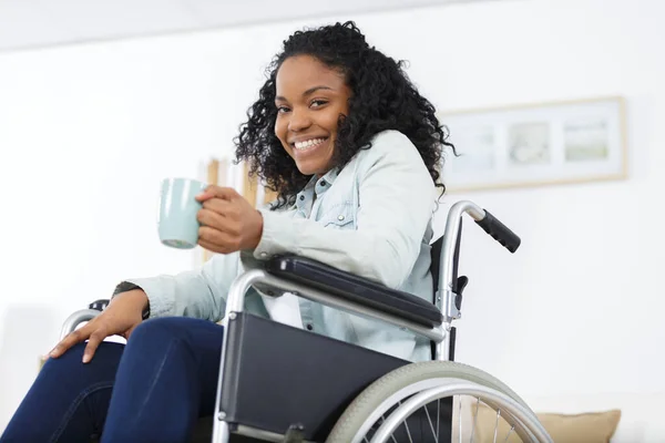Young Office Worker Wheelchair Having Tea Coffee — Foto Stock