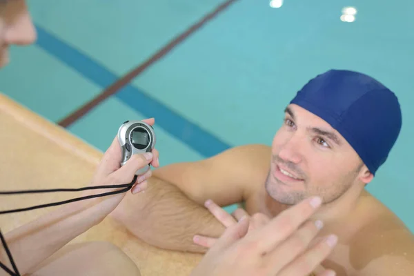 Serious Strong Male Swimming Talkin Coach — Stock Photo, Image