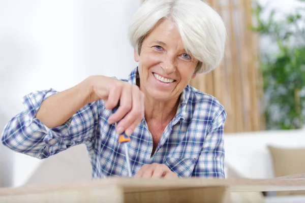 Senior Vrouw Met Behulp Van Een Schroevendraaier Het Werk — Stockfoto