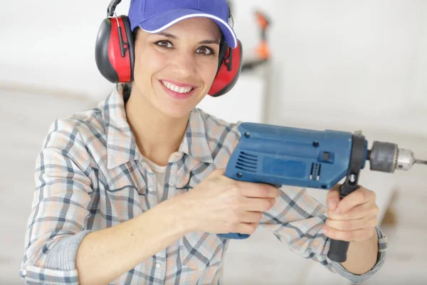 Woman Worker Pneumatich Hammer Drill Perforator — Stock Photo, Image