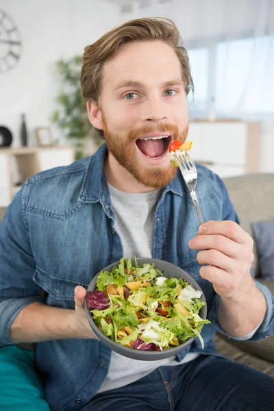Happy Man Eating Salad Home — Stock Photo, Image