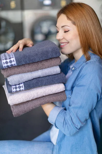 Woman Holding Pile Ironed Clean Towels — Stock Photo, Image