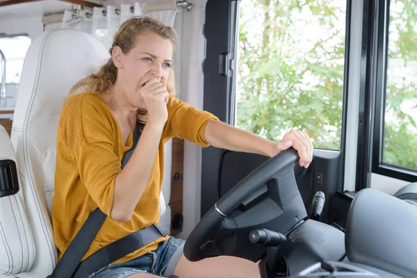 Tired Young Woman Resting Steering Wheel Van — Stock Photo, Image