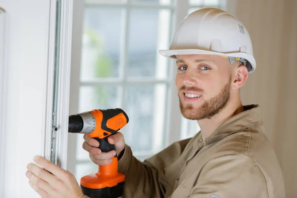 Portrait Male Builder Using Cordless Drill — Stock Photo, Image
