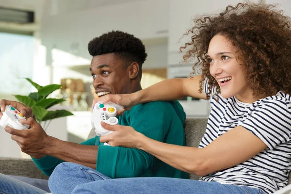 Excited Funny Friends Playing Video Games Home — Stock Photo, Image
