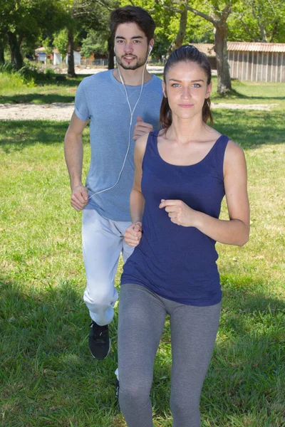 Gezondheid Van Jonge Paar Joggen Het Park — Stockfoto