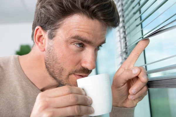 Close Portrait Young Businessman Peeking Blinds — Stock Photo, Image