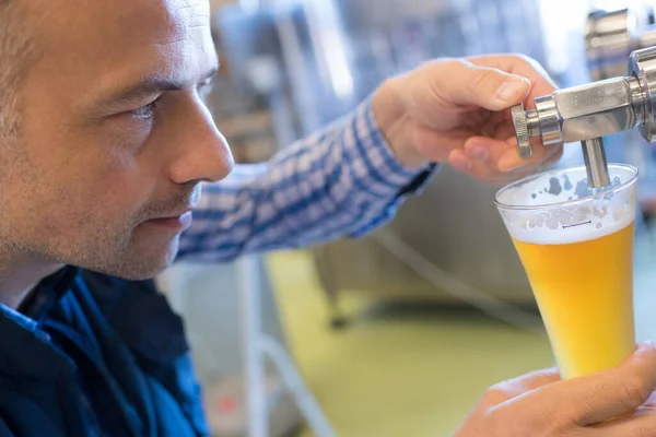 Fabricant Examinant Bière Dans Brasserie — Photo