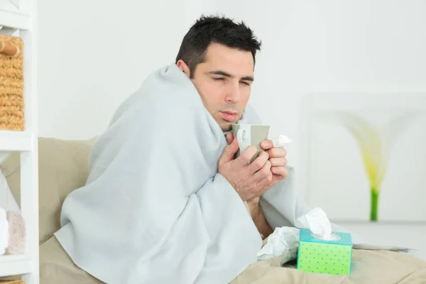 Young Ill Man Lying Bed Home — Stock Photo, Image