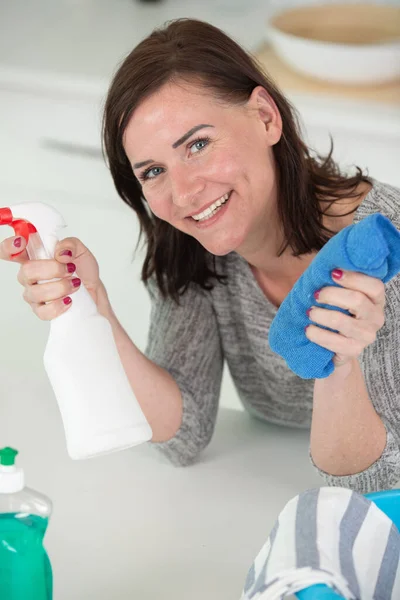 Mulher Feliz Usando Spray Pano — Fotografia de Stock