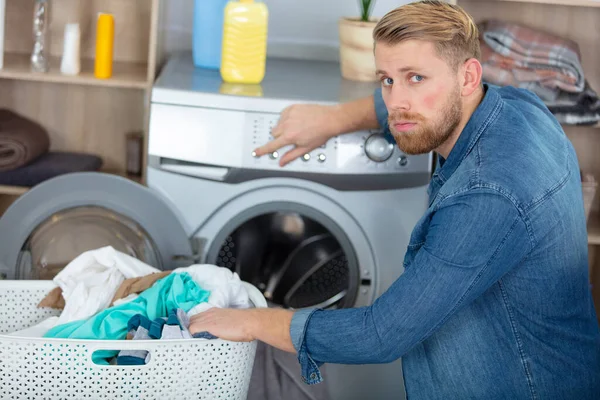 Young Husband Man Doing Laundry Home Unhappy — Stock Photo, Image