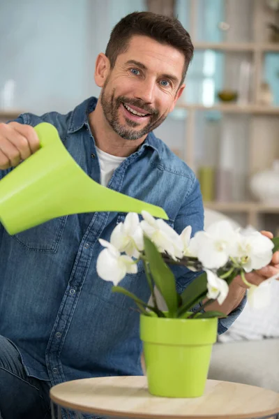 Uomo Acque Pianta Floreale Casa — Foto Stock