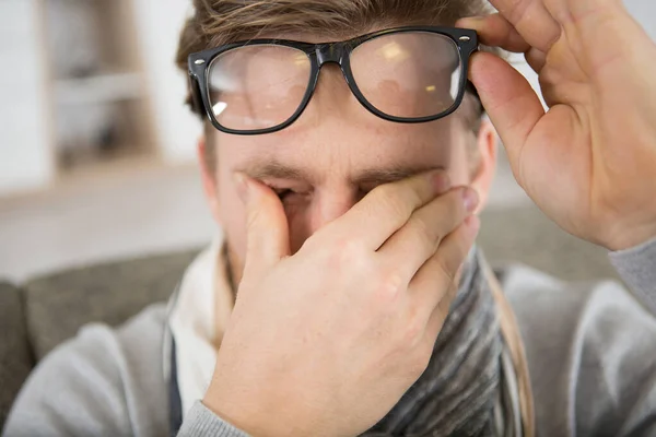 Man Lifting Eyeglasses Rub His Tired Eyes — Stock Photo, Image