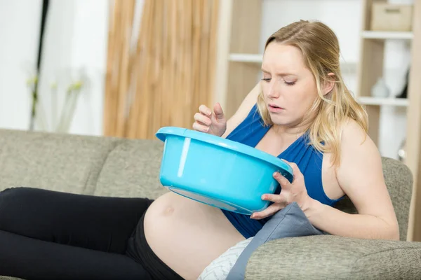 Pregnant Woman Holding Bowl Ready Vomit — Stock Photo, Image