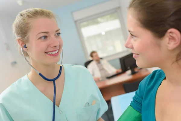 Doctor Taking Blood Pressure Female Patient Office — Stock Photo, Image