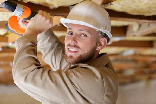 Retrato Construtor Trabalhadores Construção Masculina Segurando Broca Sem Fio — Fotografia de Stock